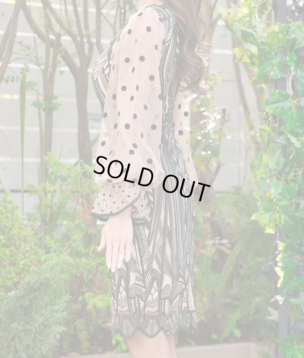 画像7: [ERUKEI]ブラック×ベージュ・ドット・レース・シースルー・ロングスリーブ・タイト・ミニドレス・ワンピース[山崎みどり着用]《送料＆代引き手数料無料》 (7)