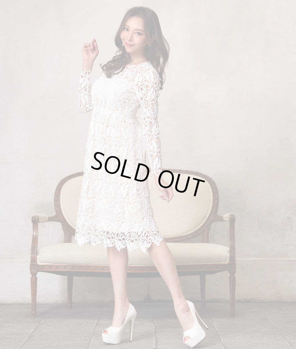 画像2: [ERUKEI]ホワイト・ベージュベース・総レース・フレア・長袖・Aライン・ミディアムドレス・ワンピース[山崎みどり着用]《送料＆代引き手数料無料》 (2)