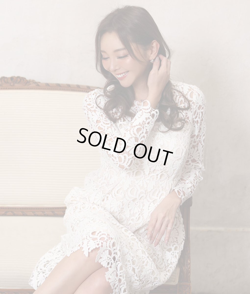 画像4: [ERUKEI]ホワイト・ベージュベース・総レース・フレア・長袖・Aライン・ミディアムドレス・ワンピース[山崎みどり着用]《送料＆代引き手数料無料》 (4)