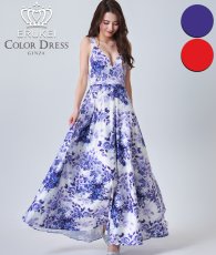 画像1: [ERUKEI SETTAN]パープル・レッド・フラワープリント・Vネック・Aライン・ロングドレス[黒木麗奈着用][送料無料] (1)