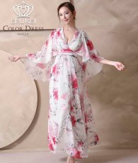 画像1: [ XS-Lサイズ / 1カラー][ERUKEI]袖付き・ハーフスリーブ・カシュクール・花柄・プリント・シアー・Aライン・ロングドレス[山崎みどり着用][送料無料] mywhpk (1)