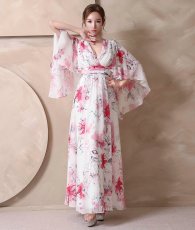 画像2: [ XS-Lサイズ / 1カラー][ERUKEI]袖付き・ハーフスリーブ・カシュクール・花柄・プリント・シアー・Aライン・ロングドレス[山崎みどり着用][送料無料] mywhpk (2)