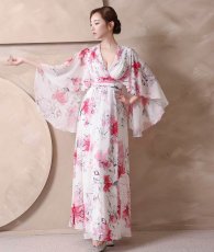 画像3: [ XS-Lサイズ / 1カラー][ERUKEI]袖付き・ハーフスリーブ・カシュクール・花柄・プリント・シアー・Aライン・ロングドレス[山崎みどり着用][送料無料] mywhpk (3)