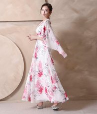 画像4: [ XS-Lサイズ / 1カラー][ERUKEI]袖付き・ハーフスリーブ・カシュクール・花柄・プリント・シアー・Aライン・ロングドレス[山崎みどり着用][送料無料] mywhpk (4)