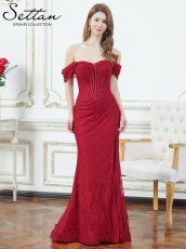 画像2: [ERUKEI]総レース・オフショルダー・コルセット風・スピンドル・シアー・ギャザー・スリット・タイト・マーメイド・ロングドレス[送料無料] (2)