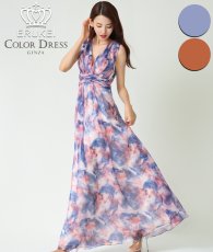 画像1: [ERUKEI]シフォン・滲み・プリント・ギャザー・Vネック・ノースリーブ・Aライン・ロングドレス《送料＆代引き手数料無料》 (1)