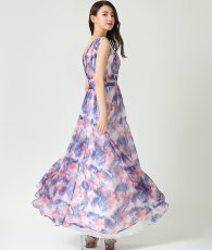 画像2: [ERUKEI]シフォン・滲み・プリント・ギャザー・Vネック・ノースリーブ・Aライン・ロングドレス《送料＆代引き手数料無料》 (2)