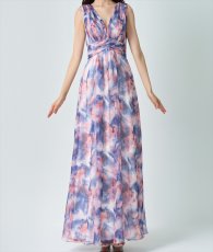 画像6: [ERUKEI]シフォン・滲み・プリント・ギャザー・Vネック・ノースリーブ・Aライン・ロングドレス《送料＆代引き手数料無料》 (6)