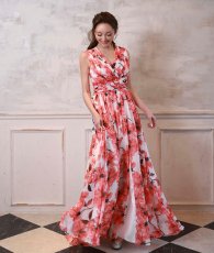 画像3: [ XS-Lサイズ / 1カラー][ERUKEI]ホワイト×レッド・花柄・Aライン・ノースリーブ・シフォン・ロングドレス・ワンピース[山崎みどり着用][送料無料]myrd (3)