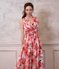 画像5: [ XS-Lサイズ / 1カラー][ERUKEI]ホワイト×レッド・花柄・Aライン・ノースリーブ・シフォン・ロングドレス・ワンピース[山崎みどり着用][送料無料]myrd (5)
