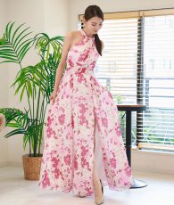 画像3: [ XS-Lサイズ / 1カラー][ERUKEI]ピンク・ホルターネック・花柄・スリット・ウエストクロス・シフォン・Aライン・ノースリーブ・ロングドレス[黒木麗奈着用][送料無料] (3)