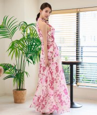 画像4: [ XS-Lサイズ / 1カラー][ERUKEI]ピンク・ホルターネック・花柄・スリット・ウエストクロス・シフォン・Aライン・ノースリーブ・ロングドレス[黒木麗奈着用][送料無料] (4)