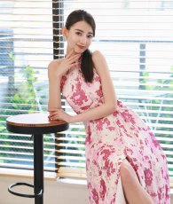 画像6: [ XS-Lサイズ / 1カラー][ERUKEI]ピンク・ホルターネック・花柄・スリット・ウエストクロス・シフォン・Aライン・ノースリーブ・ロングドレス[黒木麗奈着用][送料無料] (6)