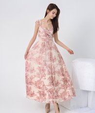 画像2: [ XS-Lサイズ / 1カラー][ERUKEI/SETTAN]トワルドジュイ・ギャザー・シフォン・プリント・ノースリーブ・Aライン・フレア・ロングドレス[黒木麗奈着用][送料無料] (2)