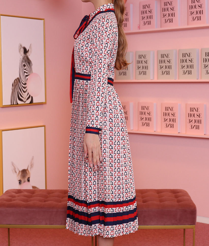 プリント柄襟付きリボンタイプリーツワンピース 山崎みどり カラードレス