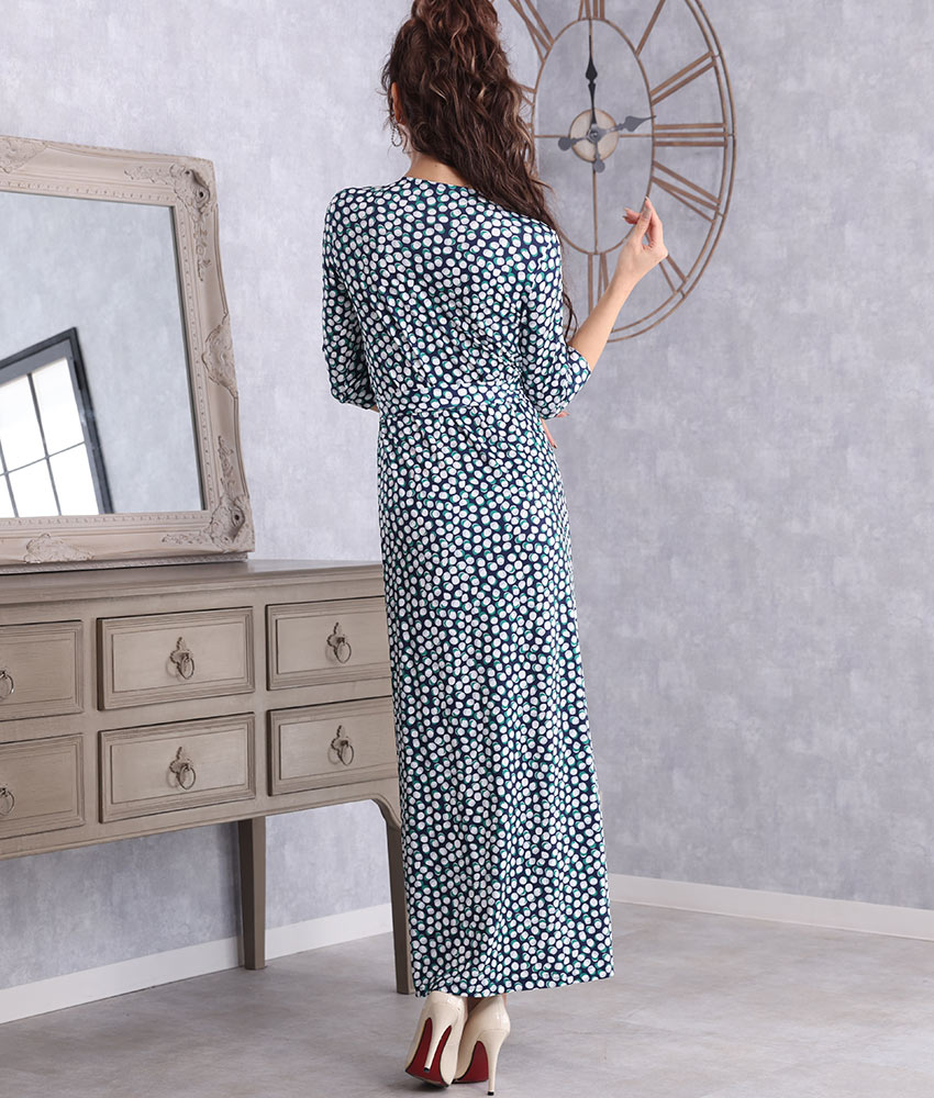 ドットレトロ七分袖マキシ 山崎みどり カラードレス