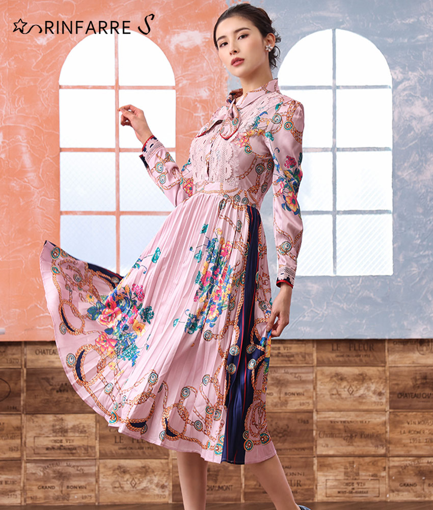 ピンク系スカーフプリントミディアムドレス/MIRIN カラードレス