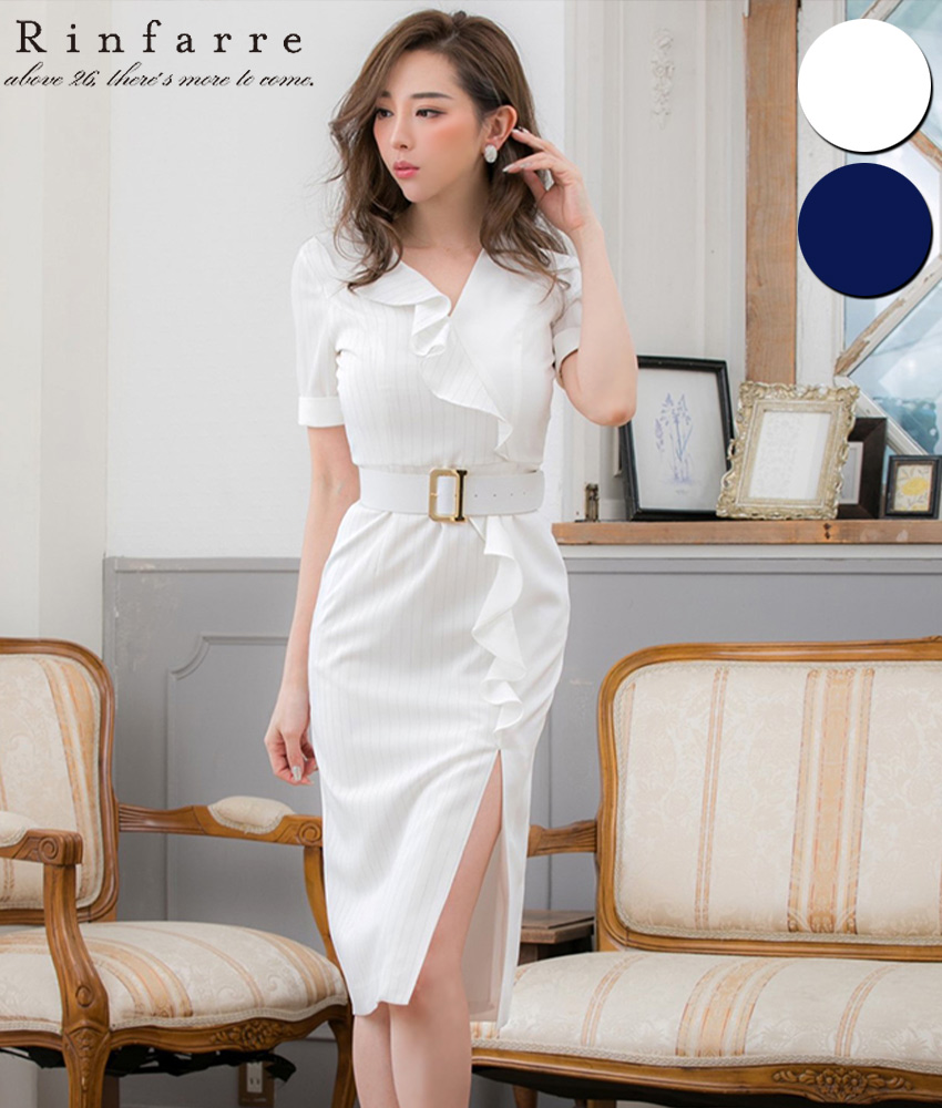 ピンストライプ半袖vネックタイトミディアムドレスワンピース 山崎みどり カラードレス