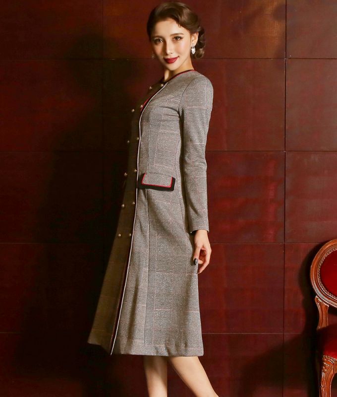 レトロパールグレンチェック長袖フレアミディアムドレスワンピース 山崎みどり カラードレス