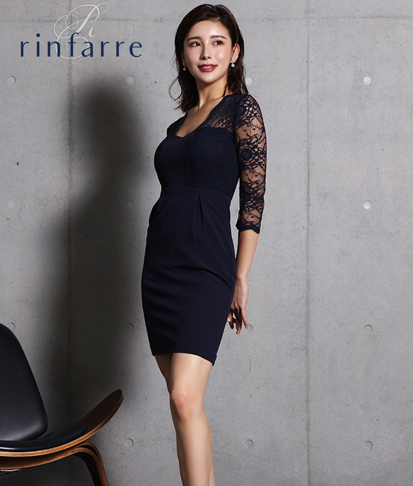 無地ネイビーレースレイヤード七分袖ミニ 山崎みどり カラードレス 無地ネイビーレースレイヤード七分袖ミニ 山崎みどり カラードレス