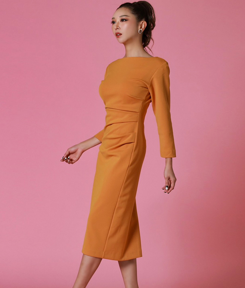 マスタードイエローボートネック長袖ミディアム 山崎みどり カラードレス マスタードイエローボートネック長袖ミディアム 山崎みどり カラードレス