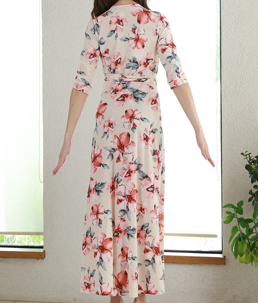 アイボリーレッド花柄カシュクールワンピース/山崎みどり - カラードレス アイボリーレッド花柄カシュクールワンピース/山崎みどり - カラードレス