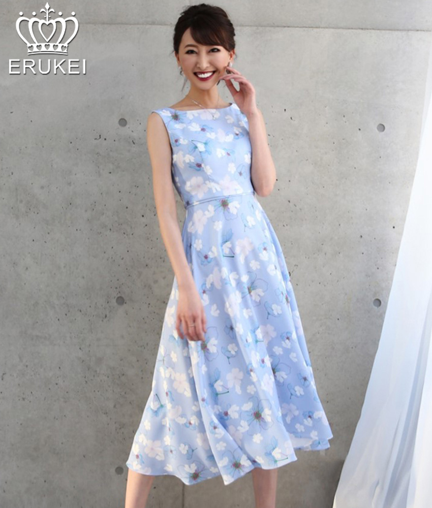 ホワイトブルー花柄フレアミディアムドレス/山崎みどり - カラードレス