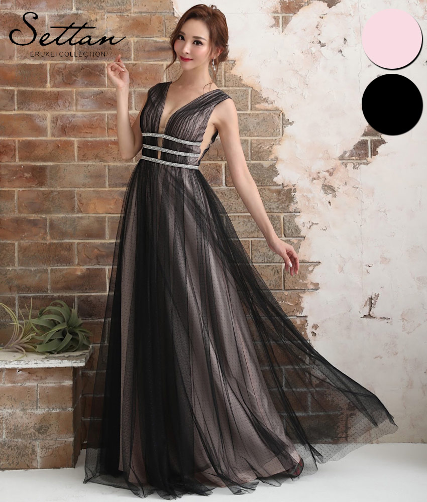 フロントビジューチュール背中開きノースリーブaラインロングドレス 山崎みどり カラードレス