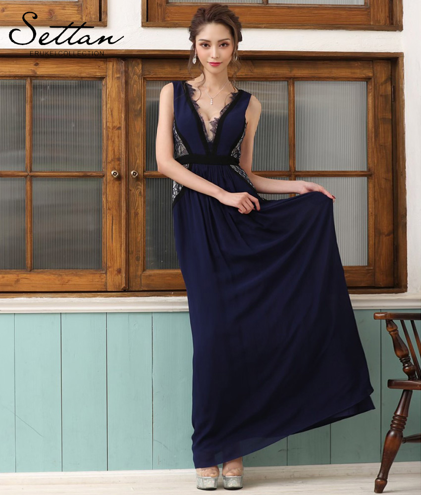 ネイビーサイドレースロングドレス 関あいか カラードレス