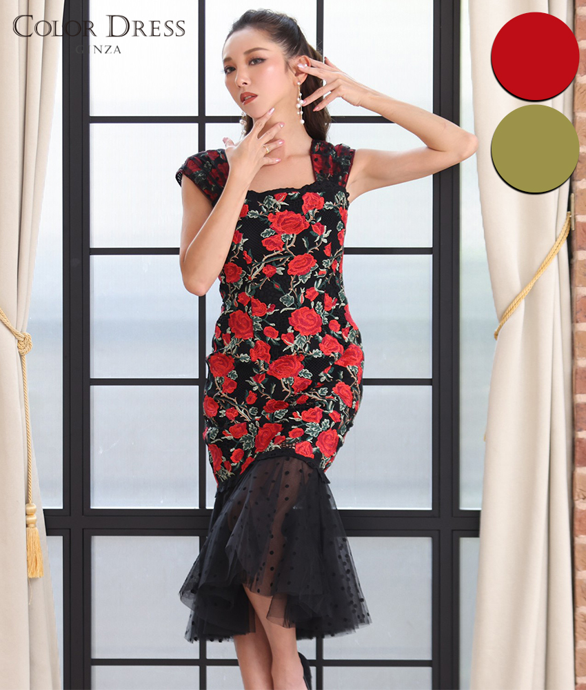 薔薇刺繍ミディアムドレス/山崎みどり - カラードレス